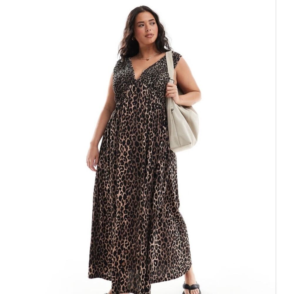 ASOS Design Curve 20 US Leopard Print Midaxi V Neck Full Hem Midi Maxi Dress NWT - Picture 11 of 12